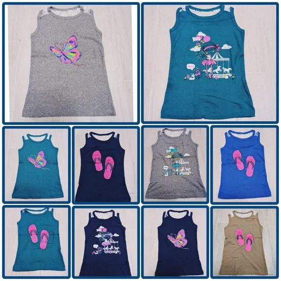 Girls Printed Cute Ribbed Cotton Blend Tank Top With Netted Back ,Soft and comfy - Picture 2 of 3